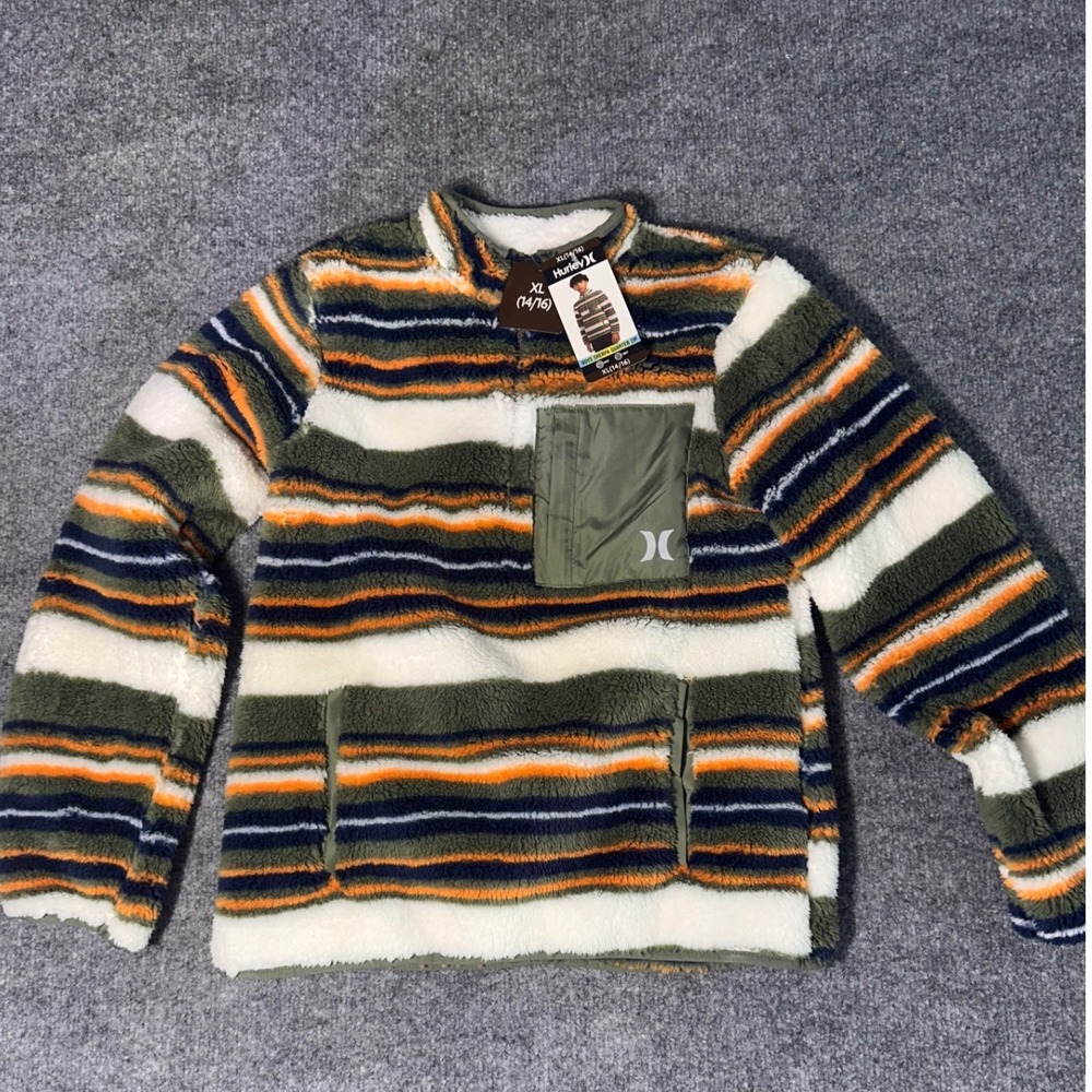 Hurley Boys Sherpa Quarter Zip Pullover Fern Green Striped Fleece XL 14/16 NEW - Picture 3 of 7